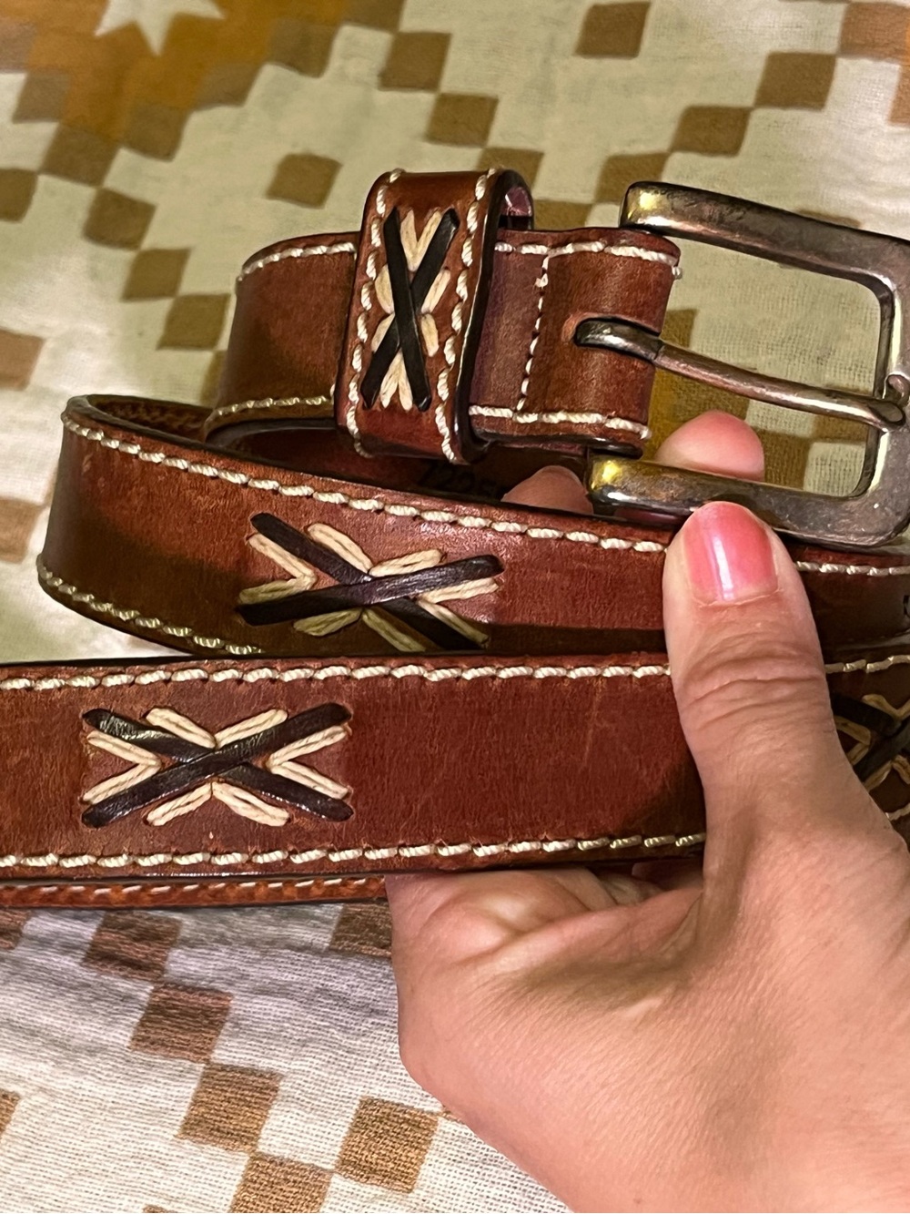 Billy Belts men’s leather belt x stitch pattern size 36 brown western ranch